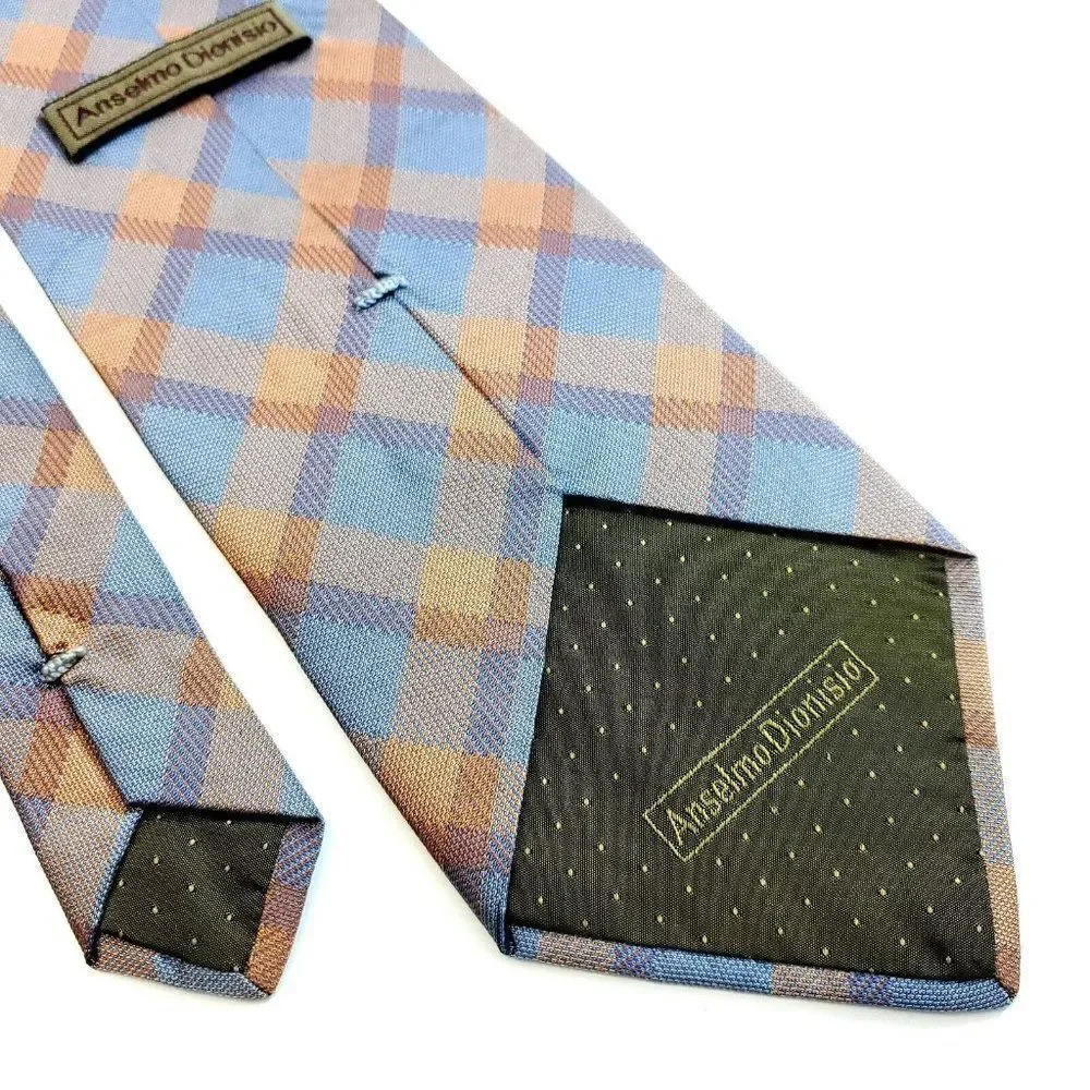 Anselmo Dionisio Orange‎ Blue Plaid Woven Wide Silk Tie
